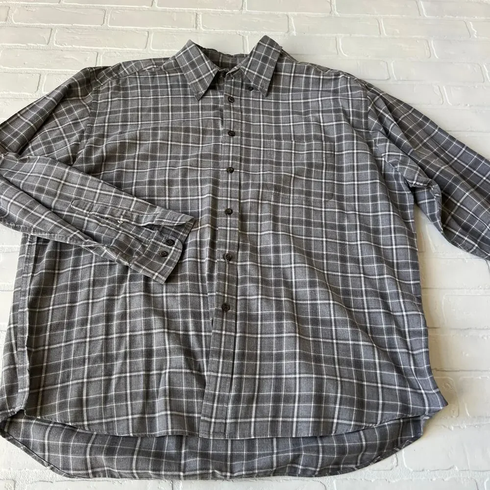 Eddie Bauer Men's Grey Plaid 100% Cotton Long Sleeve Button Down -sz XL